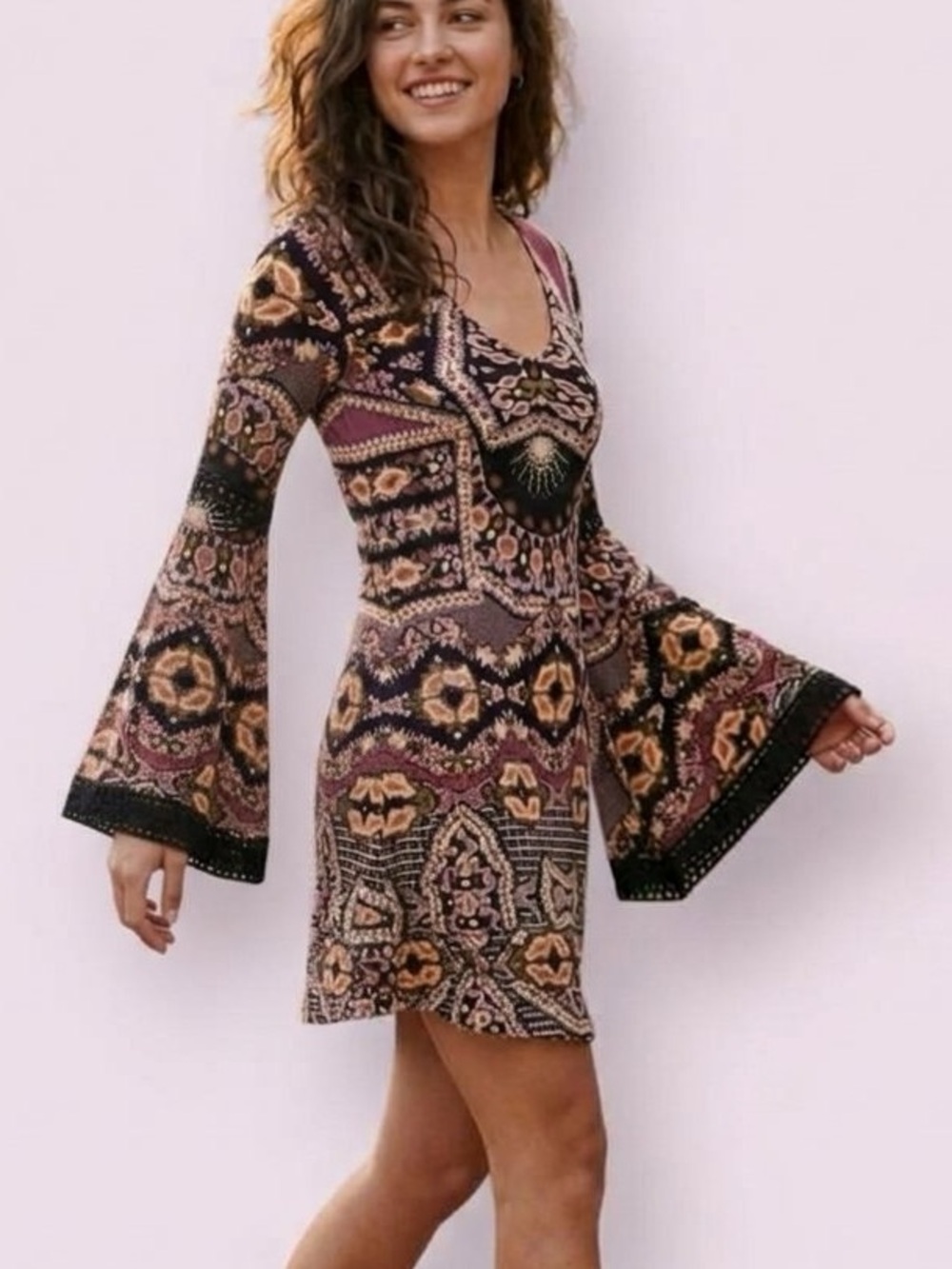 Patrons Of Peace Bohemian Mini Dress Extreme Bell Sleeves Back Cutouts Size XS